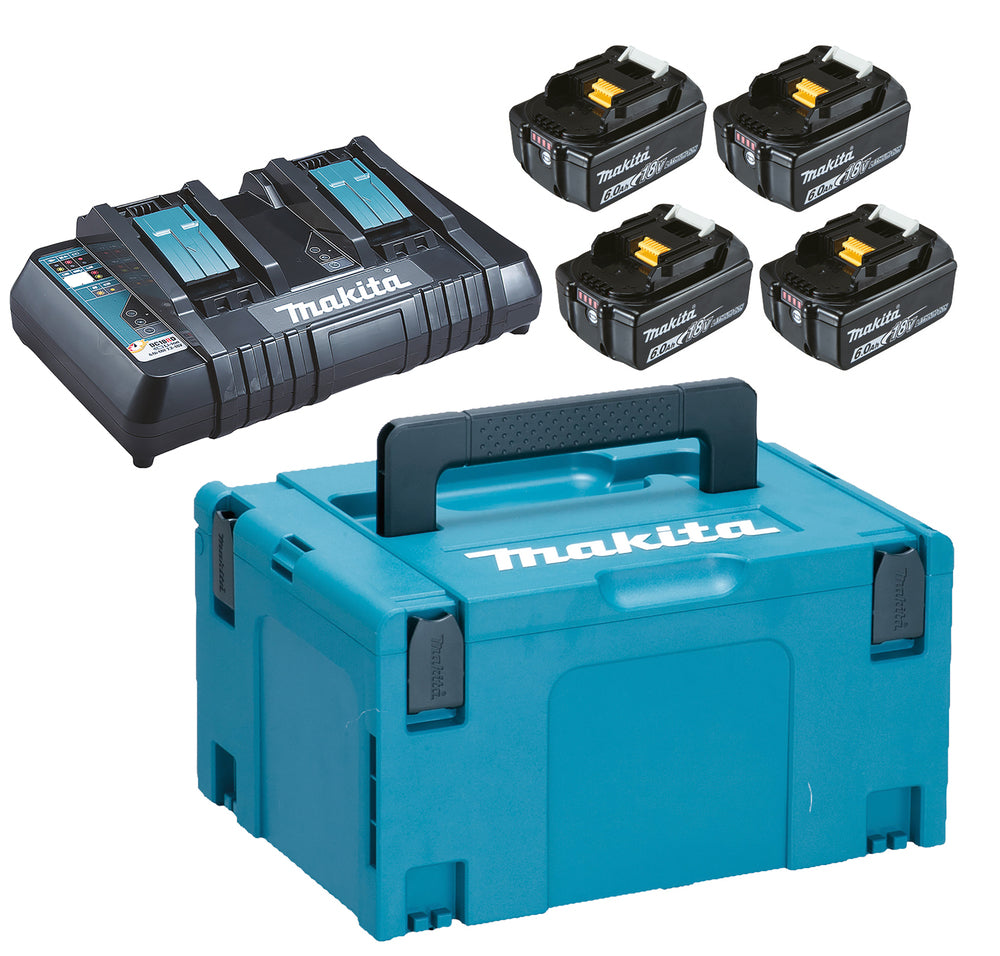 Makita Powerpack LXT® 4 st 6,0 Ah Li-ion batterier, 1 st tvåportsladdare samt MAKPAC.