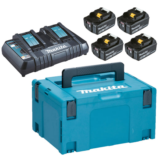 Makita Powerpack LXT® 4 st 6,0 Ah Li-ion batterier, 1 st tvåportsladdare samt MAKPAC.