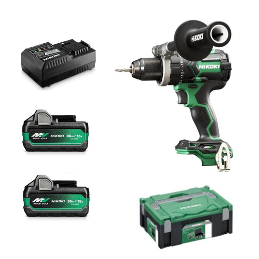 HIKOKI SLAGBORRMASKIN DV36DC HSC 2 st 2,5 Ah MULTI VOLT-batterier, snabbladdare, stödhandtag och stapelbar förvaringsväska (HSC2)