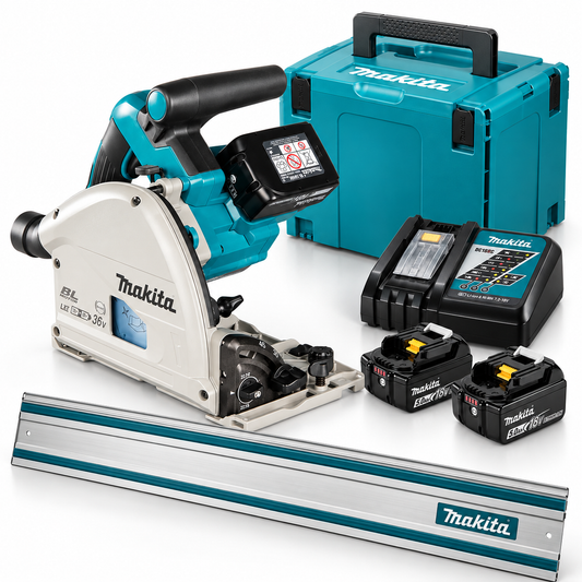 Makita DSP600 Sänksåg 2x18V – komplett paket med batterier, laddare och styrskena